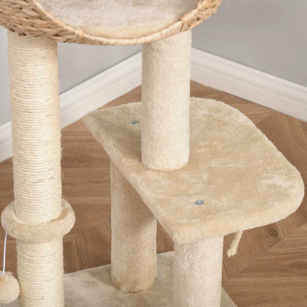 "PawHut" kačių medis, draskymo stovas, kačių baldai su urvu, kamuoliukas-žaislas, sizalis, minkštas pliušas, smėlio spalvos, aukštis 100 cm