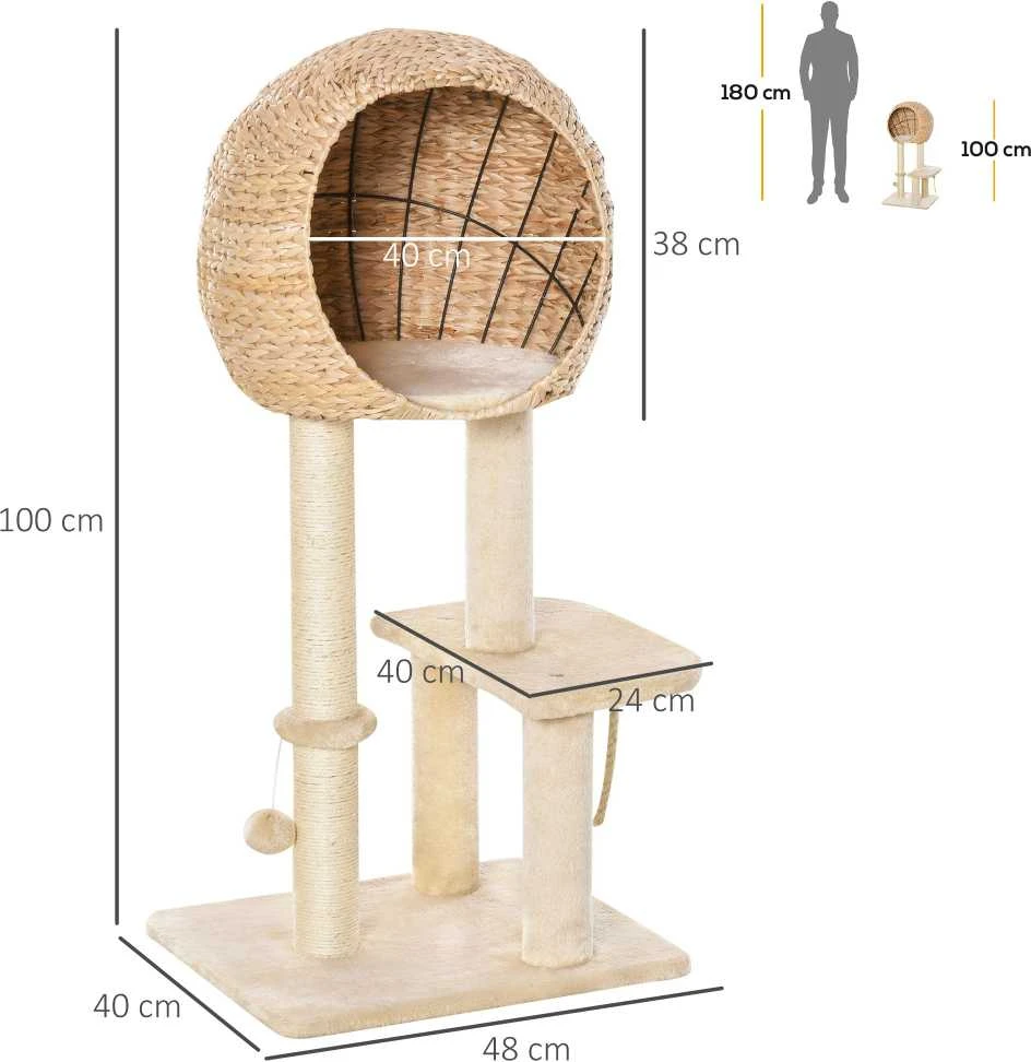"PawHut" kačių medis, draskymo stovas, kačių baldai su urvu, kamuoliukas-žaislas, sizalis, minkštas pliušas, smėlio spalvos, aukštis 100 cm