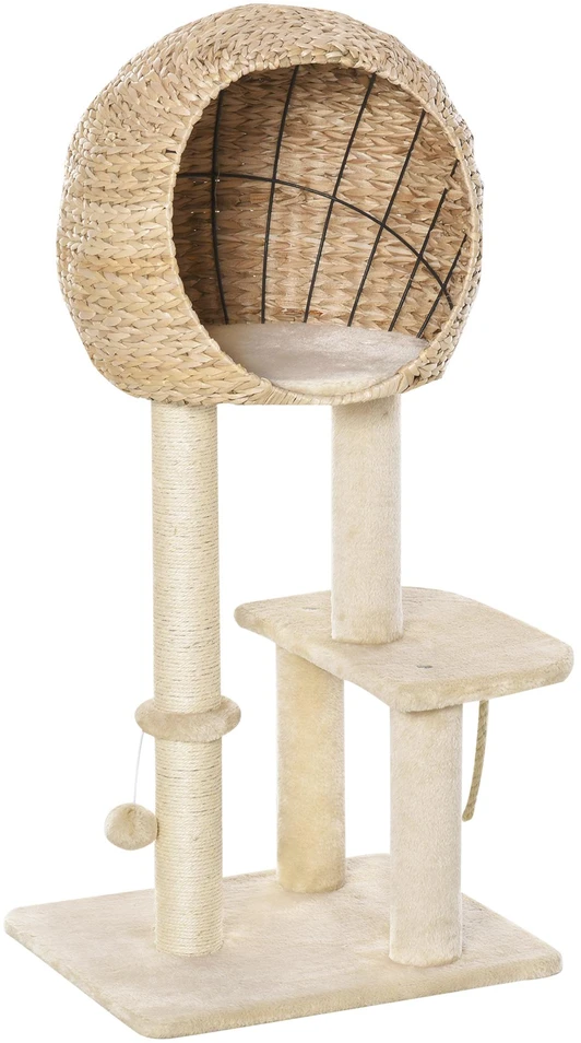 "PawHut" kačių medis, draskymo stovas, kačių baldai su urvu, kamuoliukas-žaislas, sizalis, minkštas pliušas, smėlio spalvos, aukštis 100 cm