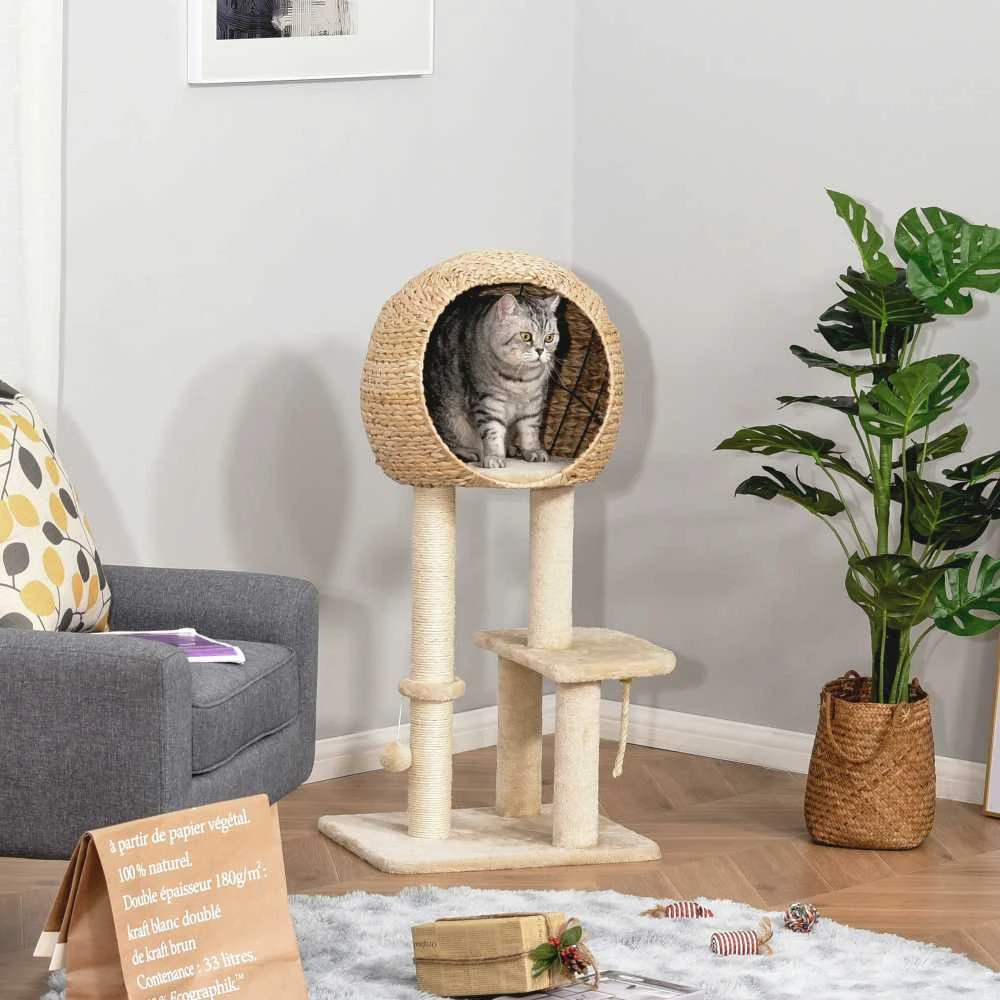 "PawHut" kačių medis, draskymo stovas, kačių baldai su urvu, kamuoliukas-žaislas, sizalis, minkštas pliušas, smėlio spalvos, aukštis 100 cm