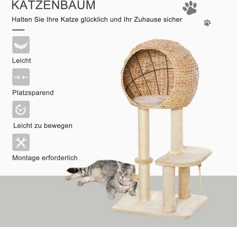 "PawHut" kačių medis, draskymo stovas, kačių baldai su urvu, kamuoliukas-žaislas, sizalis, minkštas pliušas, smėlio spalvos, aukštis 100 cm