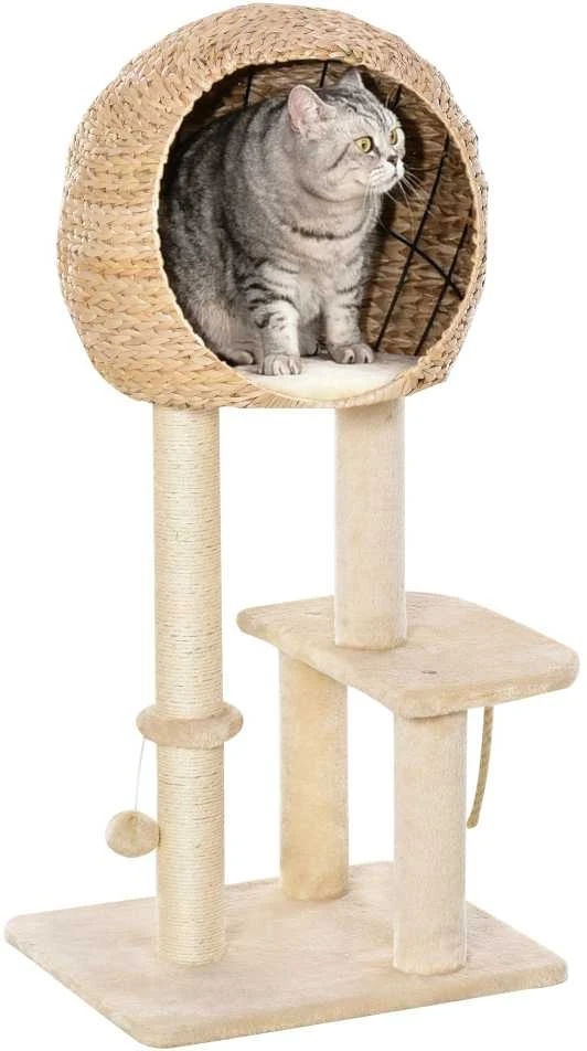 "PawHut" kačių medis, draskymo stovas, kačių baldai su urvu, kamuoliukas-žaislas, sizalis, minkštas pliušas, smėlio spalvos, aukštis 100 cm