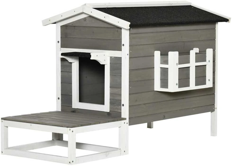 PawHut kačių namelis, būdelė, urvas, namelis smulkiems gyvūnams su terasa ir balkonu katėms, šunims, eglės mediena, pilka + balta, 115 x 66,5 x 74,7 cm