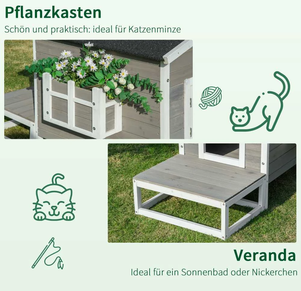 PawHut kačių namelis, būdelė, urvas, namelis smulkiems gyvūnams su terasa ir balkonu katėms, šunims, eglės mediena, pilka + balta, 115 x 66,5 x 74,7 cm