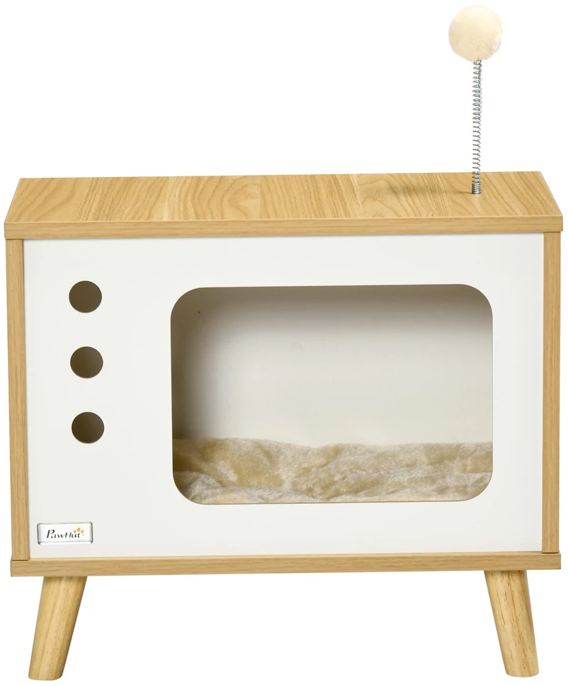PawHut kačių namelis TV dizaino, su žaisliniu kamuoliuku ir pagalvėle, ąžuolo/smėlio/baltos spalvos, 50x28x43cm