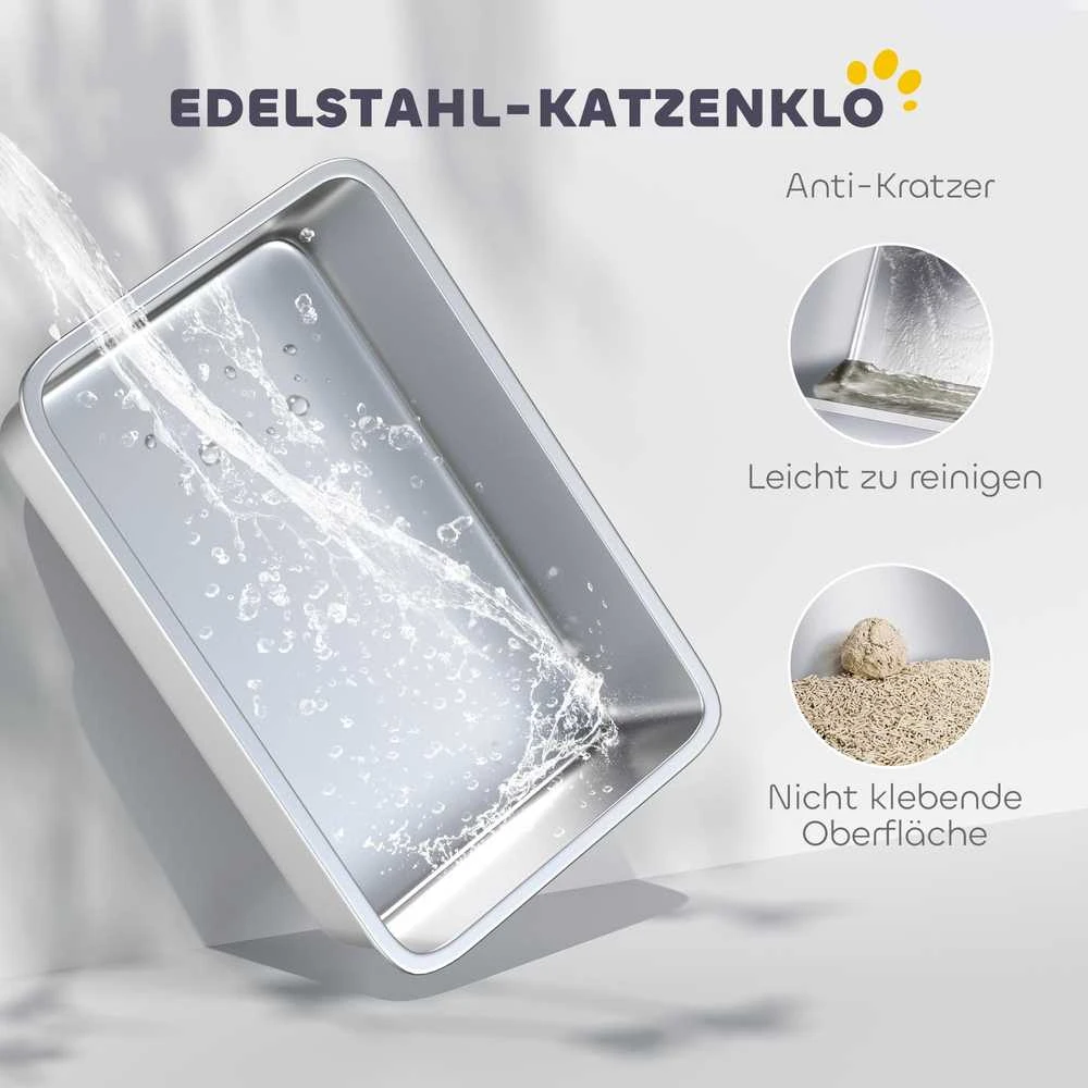 PawHut katės tualetas, nerūdijantis plienas, XL dydžio vidus, su semtuvėliu, šviesiai pilkas