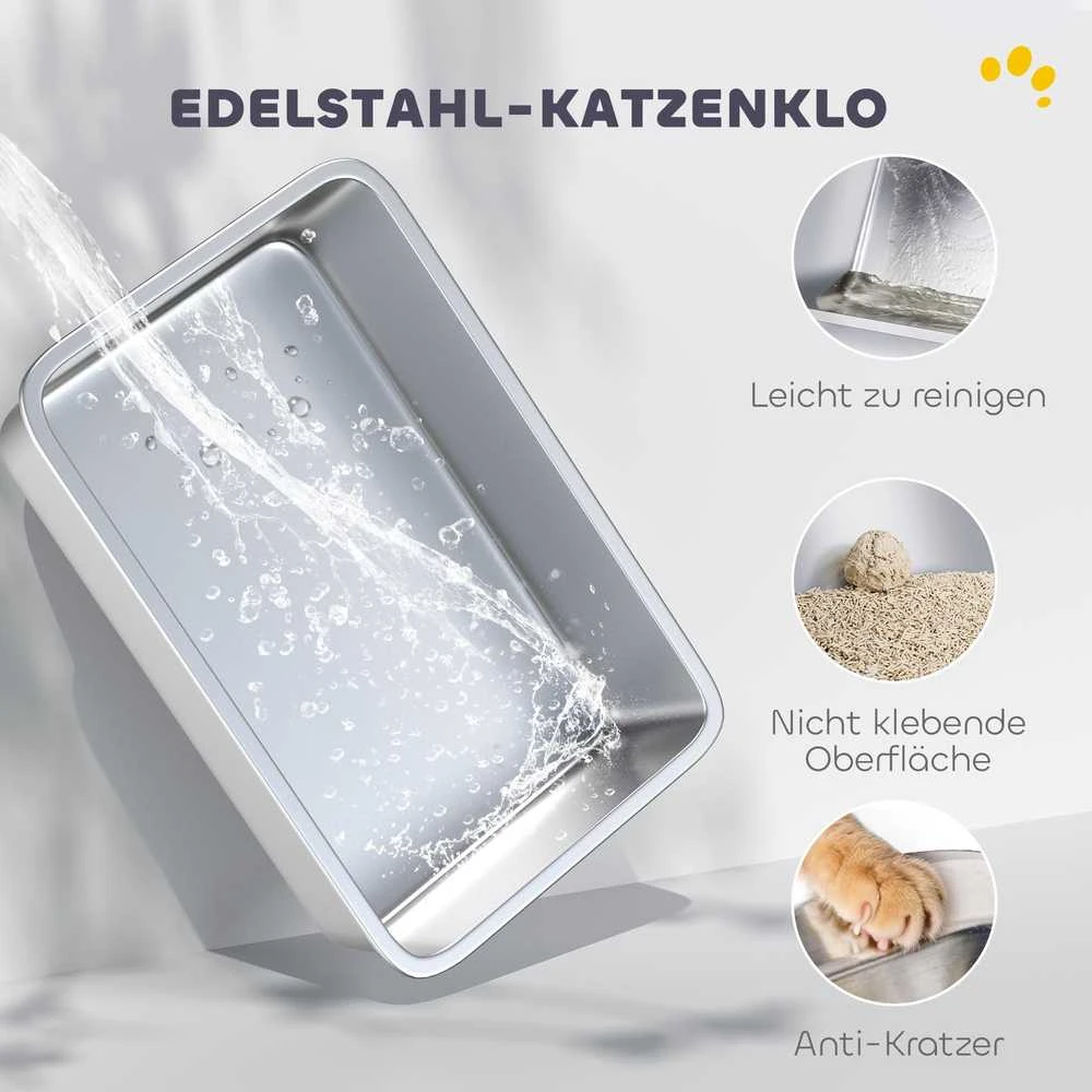 PawHut kačių tualetas, nerūdijantis plienas, XL dydžio vidus, su semtuvėliu, šviesiai pilkas