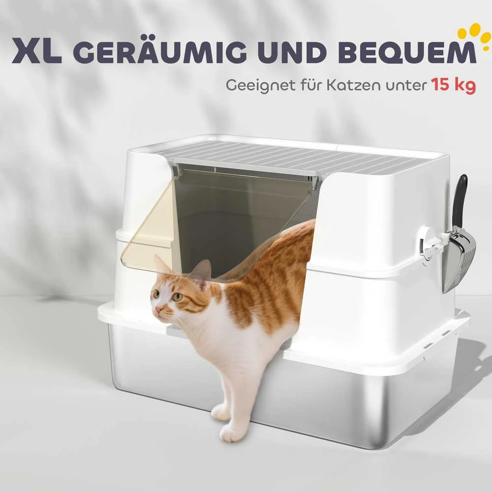 PawHut kačių tualetas, nerūdijantis plienas, XL dydžio vidus, su semtuvėliu, šviesiai pilkas