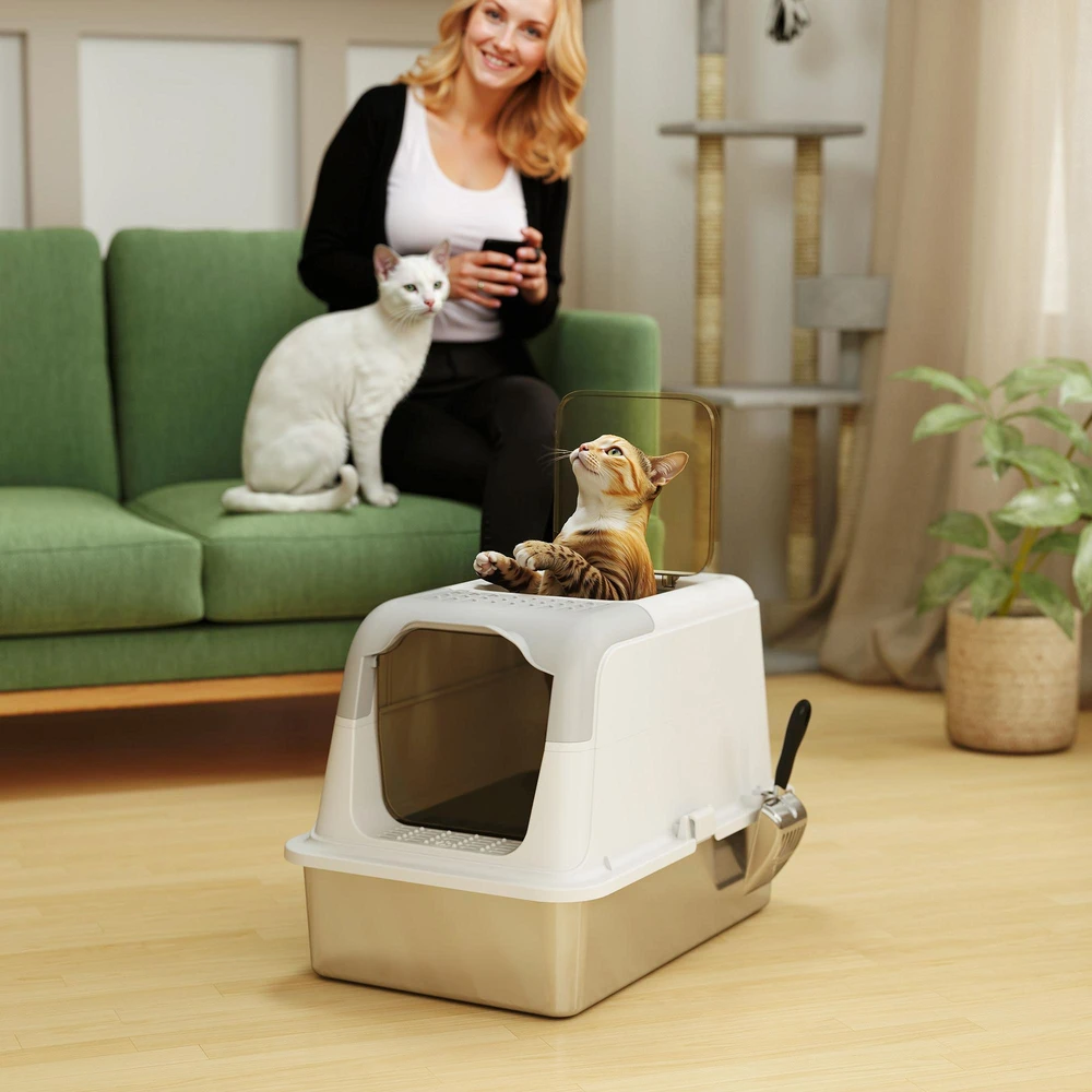 PawHut kačių tualetas, uždaras, su semtuvėliu, įėjimas priekyje ir išėjimas viršuje, nerūdijantis plienas, iki 15 kg