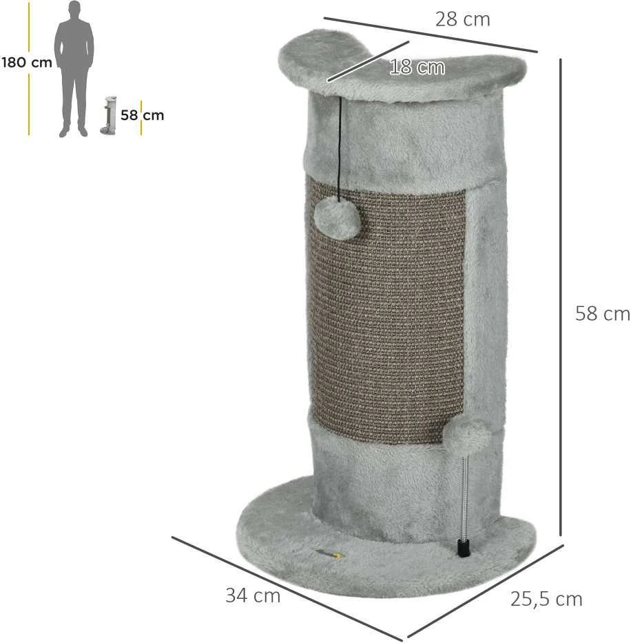 PawHut kampinis draskyklė stulpas, 58 cm Sizalio draskyklė, kačių draskyklė, maža kačių draskyklė su draskymo kamuoliuku, baldai katėms vidaus patalpoms, pilka