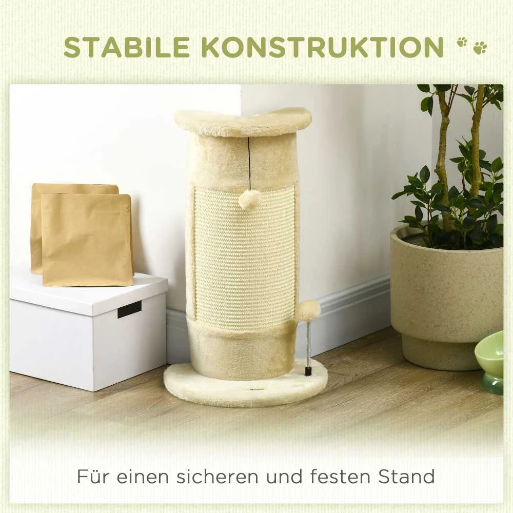 PawHut kampinis draskyklės stulpas 58 cm, draskyklė katėms su draskymo kamuoliuku, iš sizalio, kreminės baltos spalvos