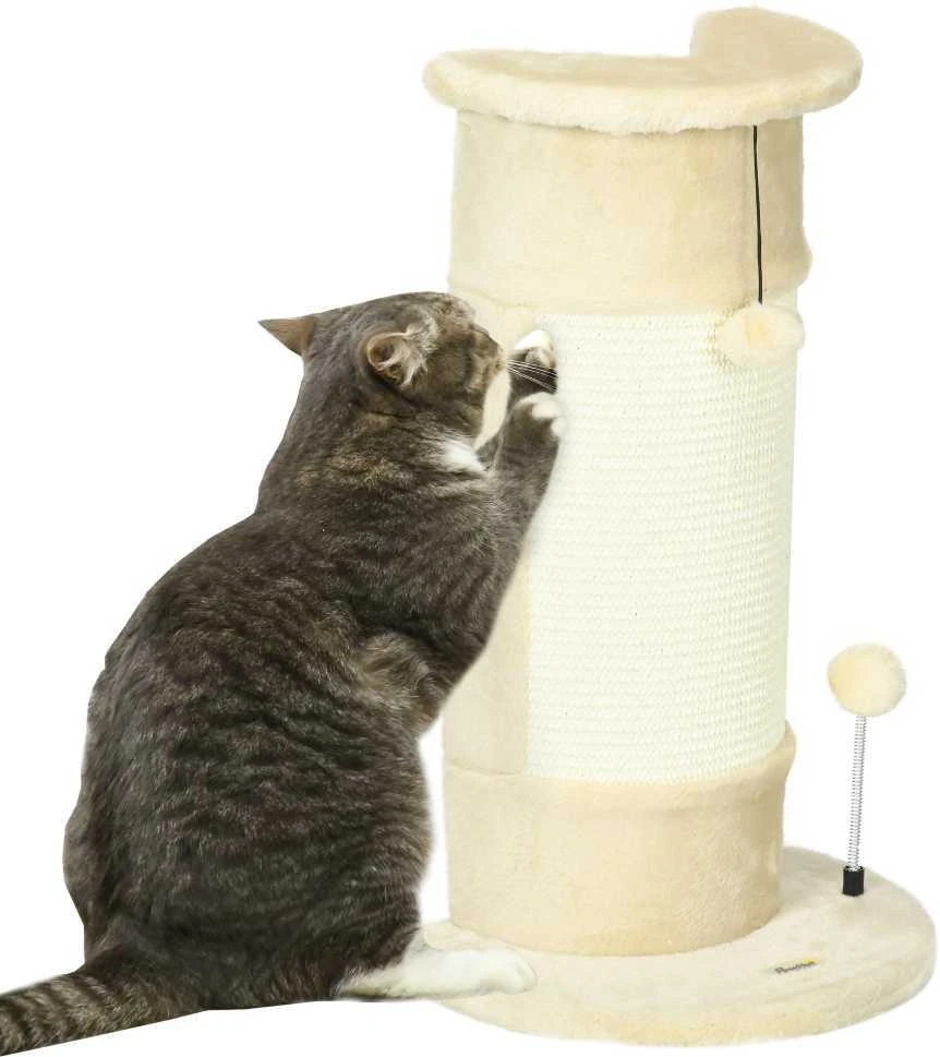 PawHut kampinis draskyklės stulpas 58 cm, draskyklė katėms su draskymo kamuoliuku, iš sizalio, kreminės baltos spalvos