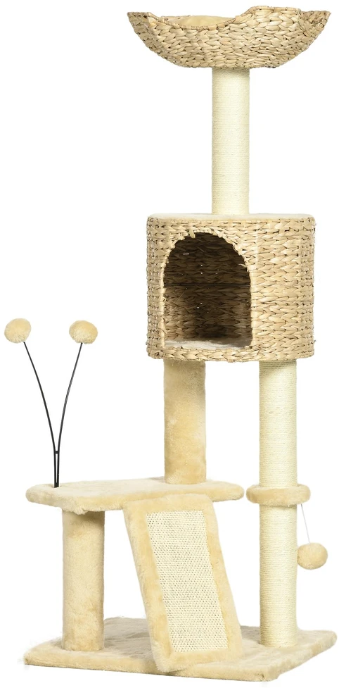 PawHut katės draskyklė 116 cm, namelis, katės gultas, laipynė su žaisliniu kamuoliuku, draskymo lenta, pliušiniai baldai katėms iki 5kg, smėlio spalvos