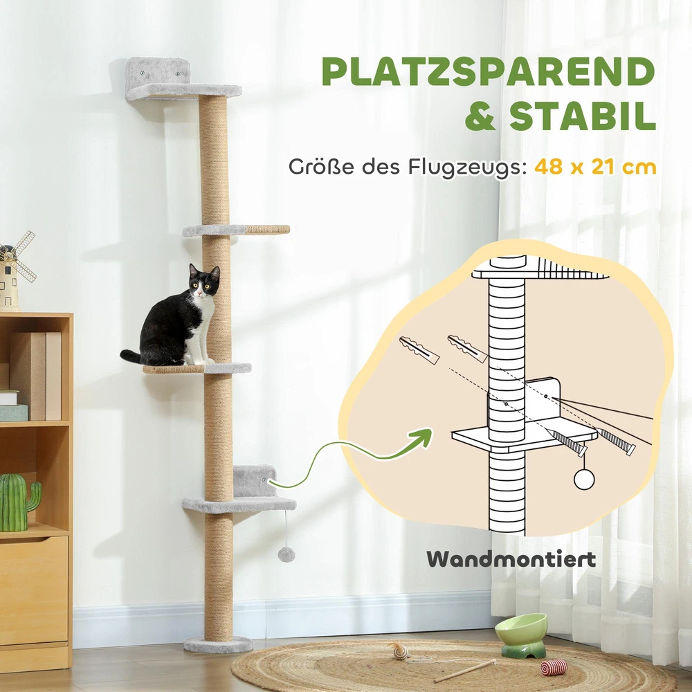 PawHut kačių draskyklė, 5 pakopų dizainas, žaislas, sizalio stulpeliai, pliušinis audinys, šviesiai pilka