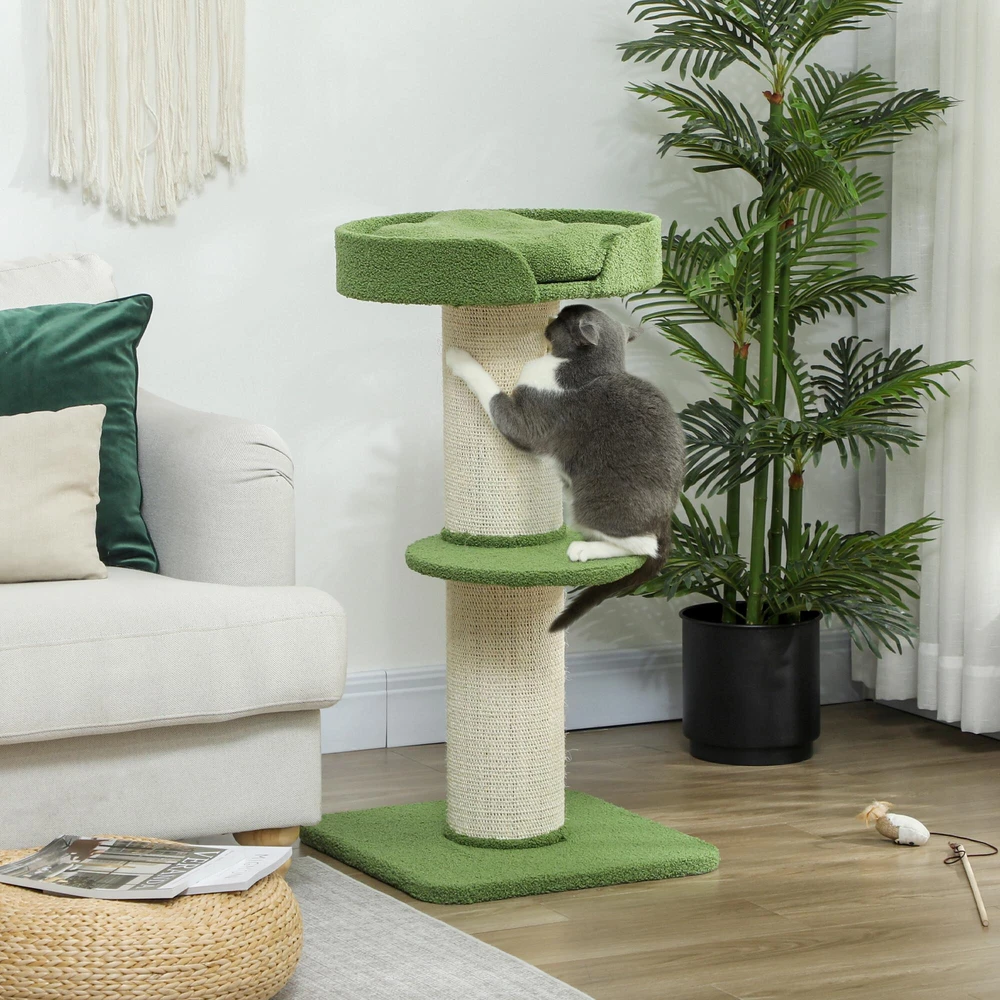 PawHut katės draskyklė, 91 cm, su guoliu, platforma, avies vilna, žalia