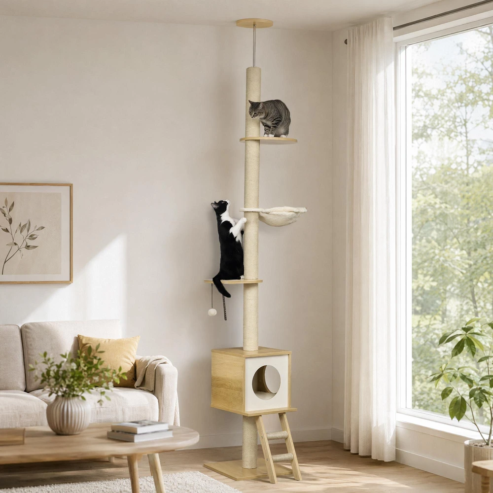 PawHut katės draskyklė, montuojama iki lubų, 240-260 cm, su nameliu ir hamaku, šviesiai ruda + smėlio spalvos