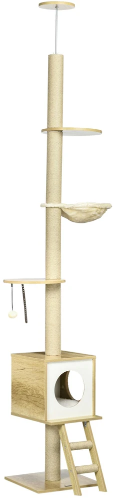PawHut katės draskyklė, montuojama iki lubų, 240-260 cm, su nameliu ir hamaku, šviesiai ruda + smėlio spalvos
