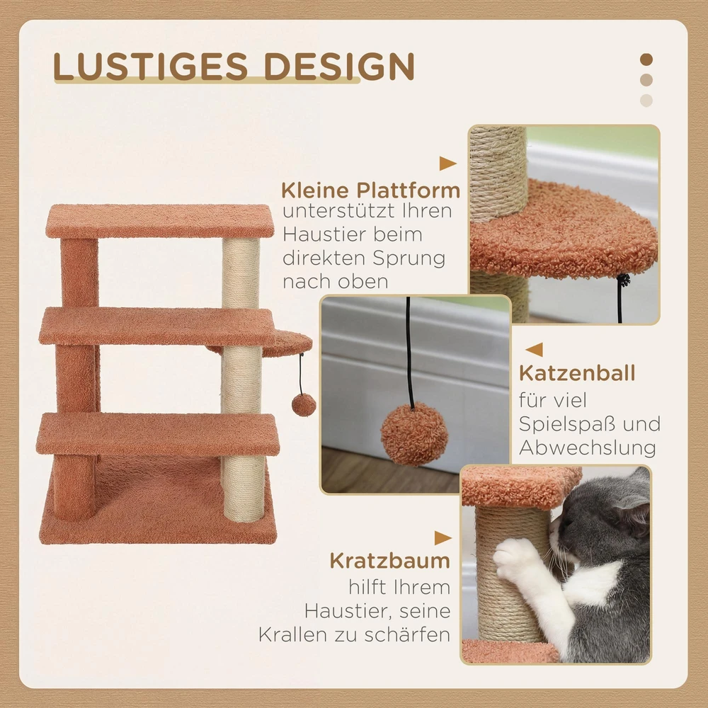 PawHut 3-pakopų naminių gyvūnėlių laiptai su draskyklėmis, kamuoliuku, šunų laiptai, naminių gyvūnėlių laiptai katėms iki 5kg, pliušas, džiutas, ruda, 45 x 40 x 48 cm | Aosom