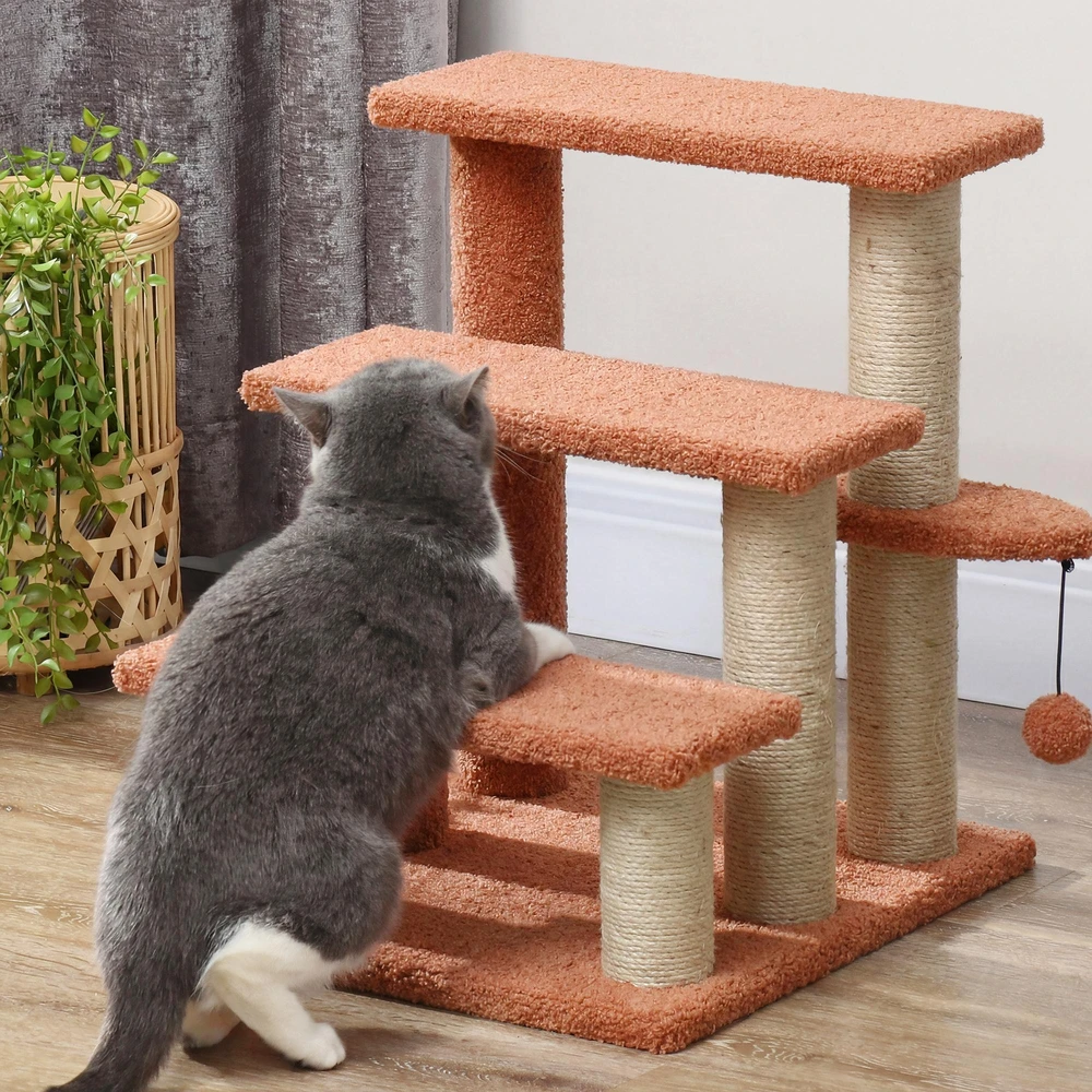 PawHut 3-pakopų naminių gyvūnėlių laiptai su draskyklėmis, kamuoliuku, šunų laiptai, naminių gyvūnėlių laiptai katėms iki 5kg, pliušas, džiutas, ruda, 45 x 40 x 48 cm | Aosom