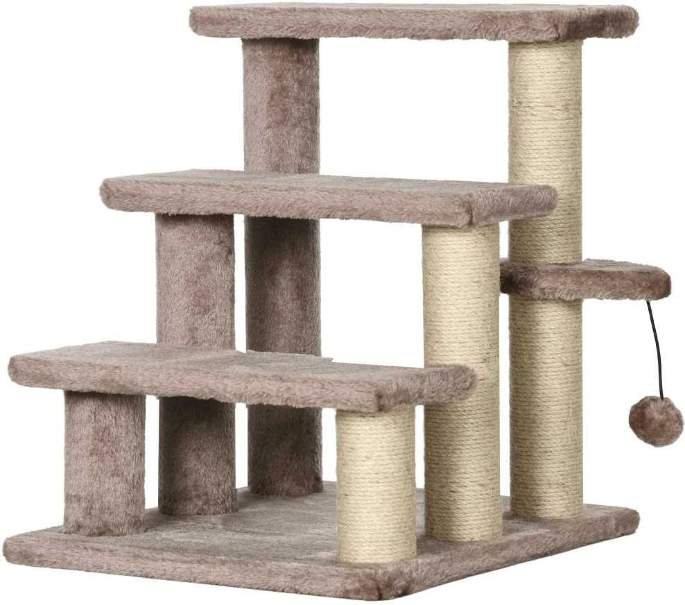 PawHut 3-pakopų naminių gyvūnėlių laiptai su draskyklėmis, kamuoliuku, šunų laiptai, naminių gyvūnėlių laiptai katėms iki 5kg, pliušas, džiutas, ruda, 45 x 40 x 48 cm | Aosom