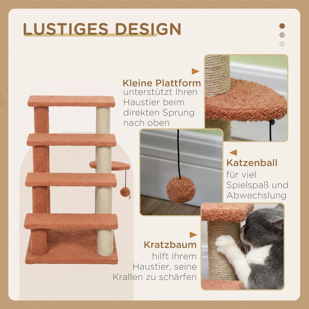 PawHut kačių laipteliai su draskykle, 4 pakopų augintinių laiptai su žaisliniu kamuoliuku, šunų laipteliai, laiptai katėms iki 5kg, pliušas, džiutas, ruda, 60 x 40 x 64 cm