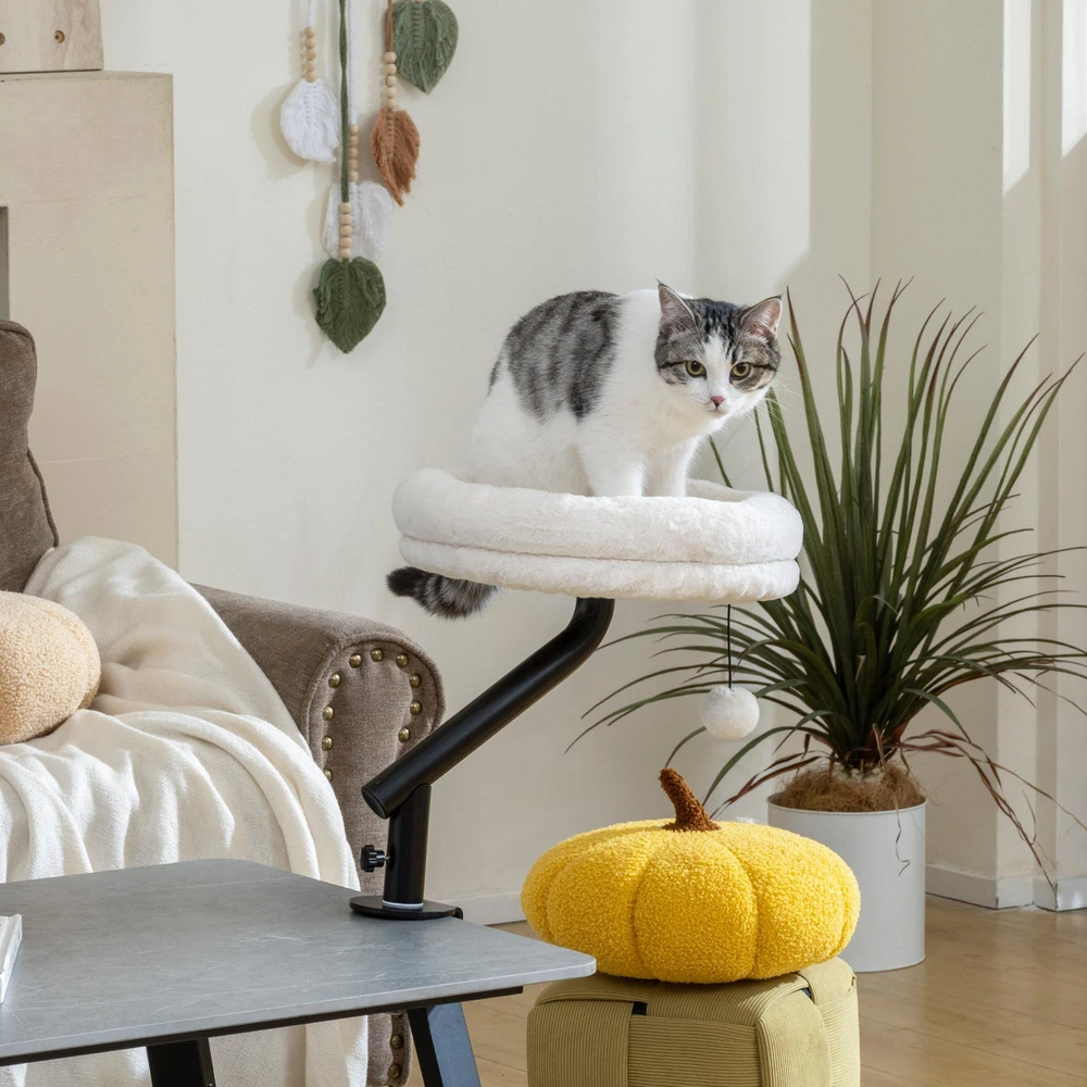 „PawHut“ katės gultas ant stalo, 360° besisukantis gultas su reguliuojamu aukščiu, nuimamu ir skalbiamu užvalkalu, katėms iki 6kg, namų biurui, kreminės baltos spalvos