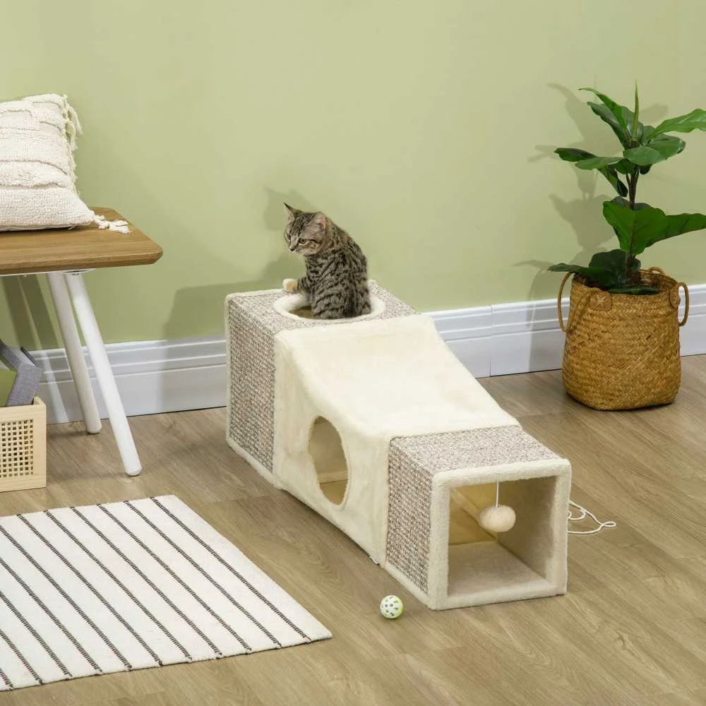 PawHut katės tunelis su žaisliniu kamuoliuku, kačių žaislas, sisalinis žaidimų tunelis, rudas ir smėlio spalvos, 98x30x30 cm