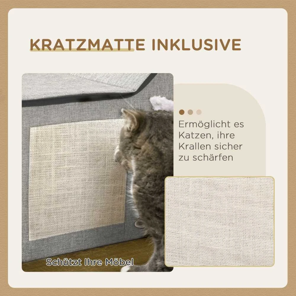 PawHut kačių namelis su draskykle ir dvigubomis durelėmis, jaukus namelis su pagalvėle ir žaisliniu kamuoliuku, poliesteris, pilkas