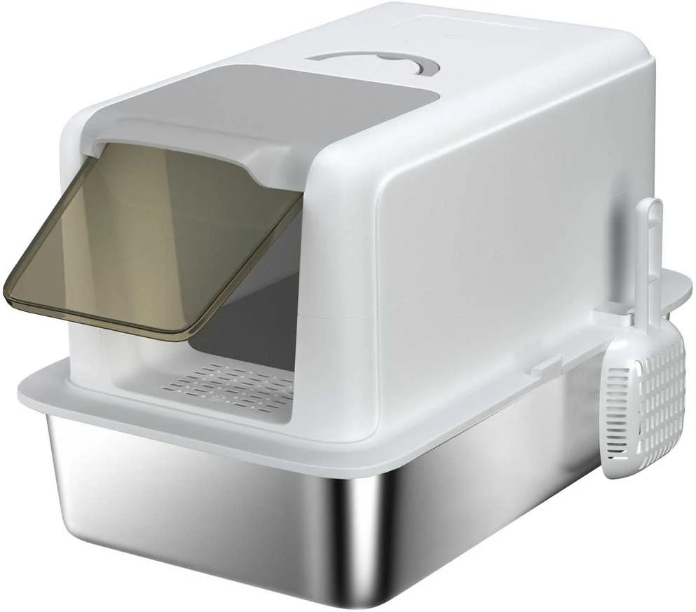 PawHut kačių tualetas, uždaras kačių tualetas, nerūdijančio plieno vonelė, integruotas kraiko filtras, su kraiko semtuvėliu, katėms iki 6kg, baltas