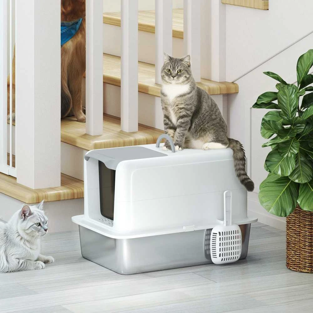 PawHut kačių tualetas, uždaras kačių tualetas, nerūdijančio plieno vonelė, integruotas kraiko filtras, su kraiko semtuvėliu, katėms iki 6kg, baltas