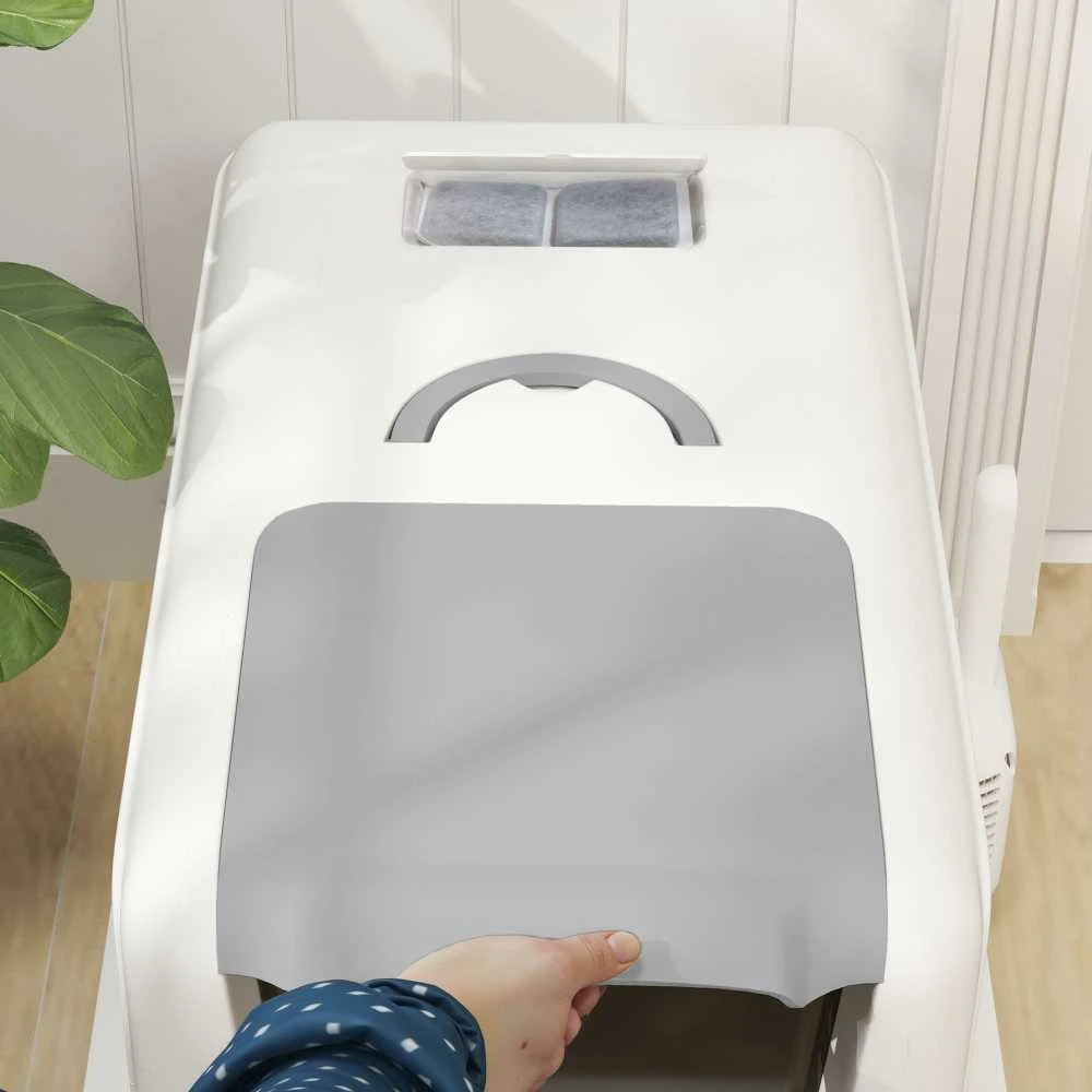 PawHut kačių tualetas, uždaras kačių tualetas, nerūdijančio plieno vonelė, integruotas kraiko filtras, su kraiko semtuvėliu, katėms iki 6kg, baltas