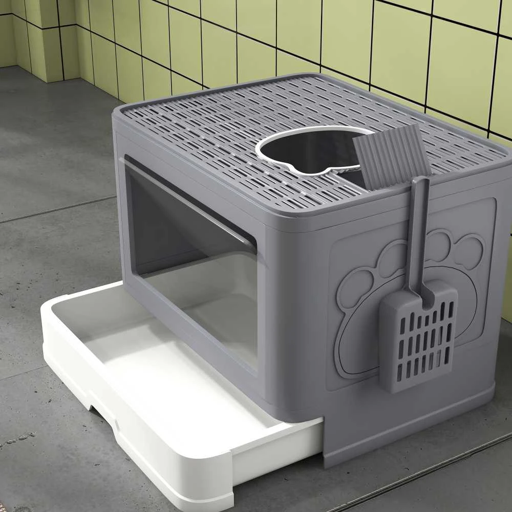 PawHut kačių tualetas su dangčiu ir semtuvėliu, iki 4kg, naudojimui viduje, plastikas, pilkas, 48,5x38x36,5 cm