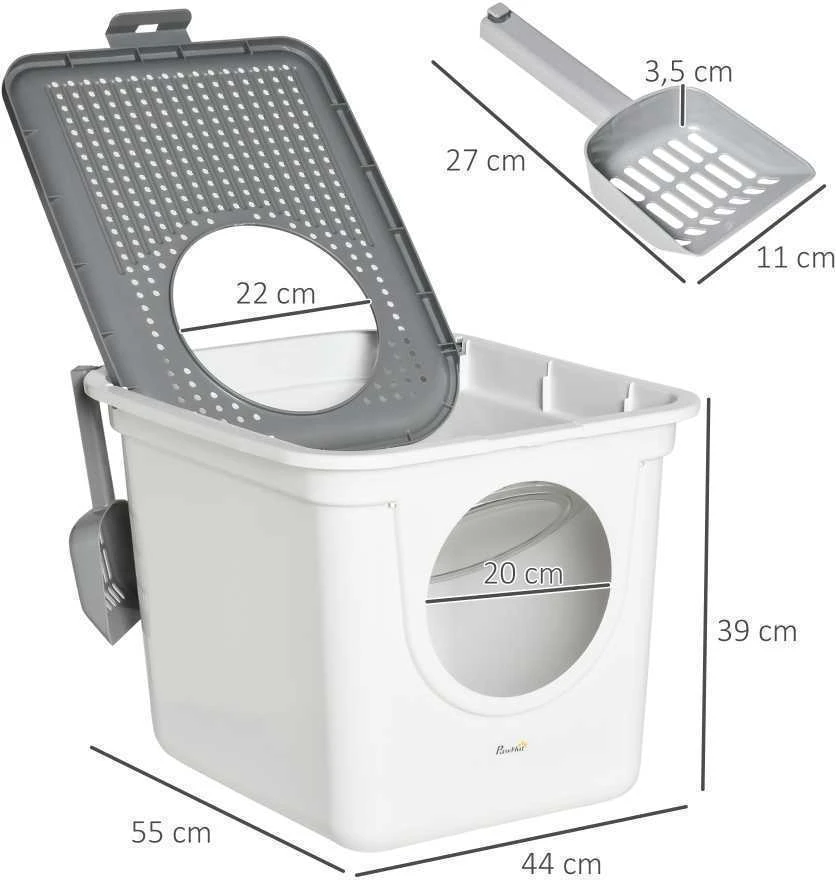 PawHut katės tualetas su dangčiu, su semtuvėliu, iki 5kg, vidaus naudojimui, plastikas, pilka ir balta, 44x55x39 cm