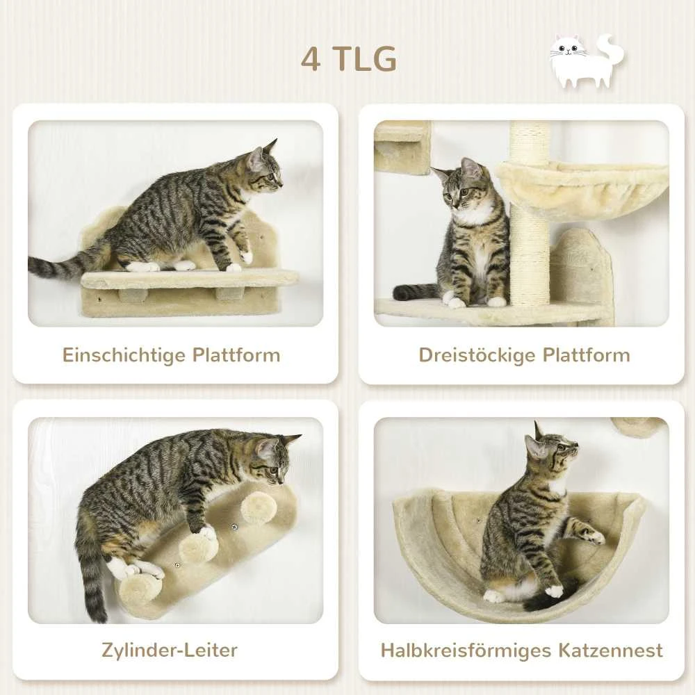 PawHut 4 dalių katės laipiojimo sienelė, laipynė katėms su katės laipteliais, hamaku, šokinėjimo platforma, sieninis draskyklė, sieniniai baldai katėms, iki 5kg | Aosom