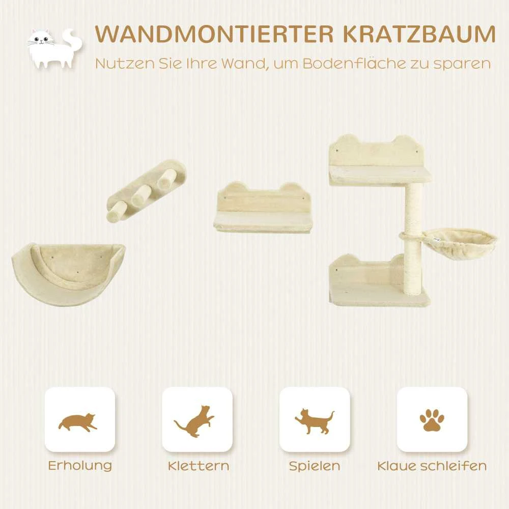 PawHut 4 dalių katės laipiojimo sienelė, laipynė katėms su katės laipteliais, hamaku, šokinėjimo platforma, sieninis draskyklė, sieniniai baldai katėms, iki 5kg | Aosom