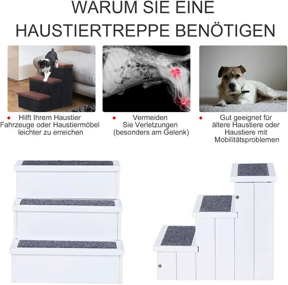 PawHut šunų laiptai, naminių gyvūnėlių laipteliai su kilimine danga ir daiktadėže, pagalbinė priemonė įlipimui, pušies mediena, balti, 40,5x44,5x38 cm