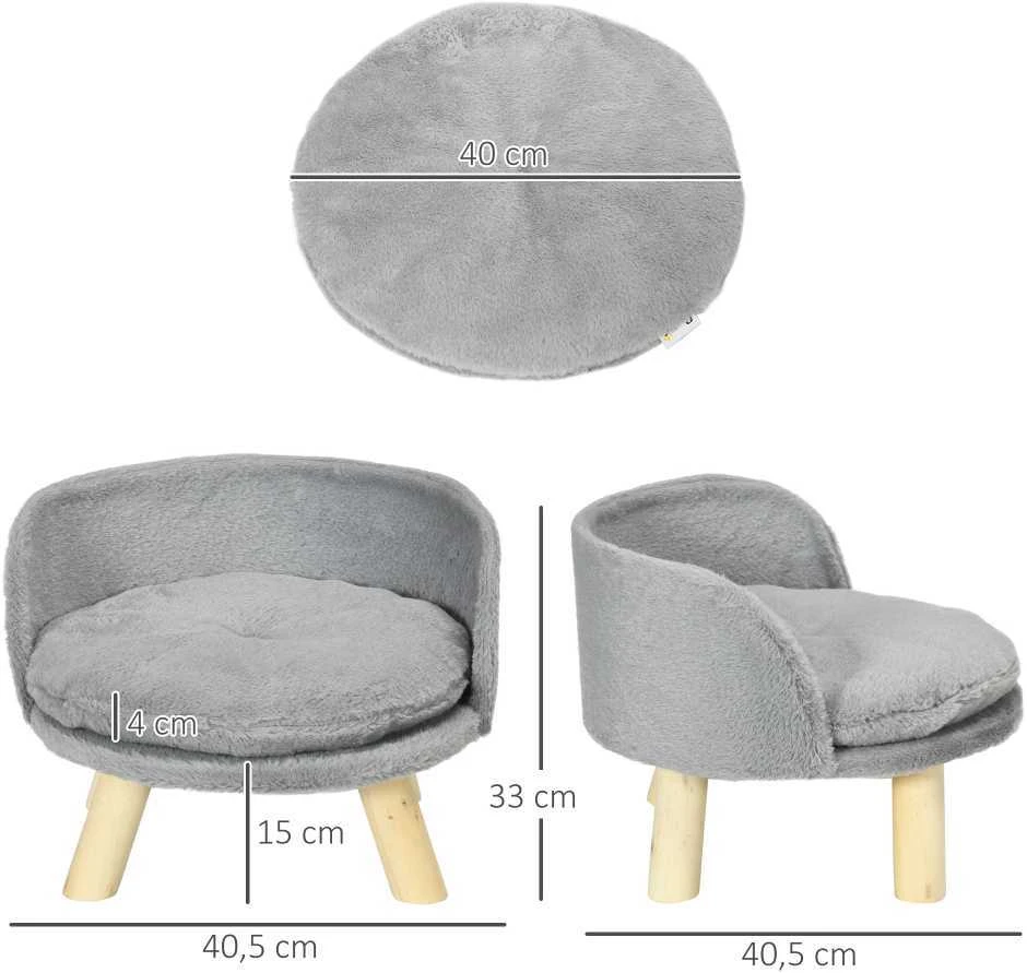 PawHut šunų ir kačių guolis, šunų sofa su neslidžiomis medinėmis kojelėmis ir pagalvėle, naudojimui patalpose, pilka, 40,5x40,5x33 cm