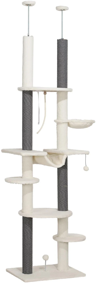 PawHut lubinis draskyklė, kačių draskyklė, 225-255 cm kačių draskyklė su hamakais, draskymo stulpais, krepšiu, žaisliniu kamuoliuku, kačių baldai su apsauga nuo apvirtimo, balta
