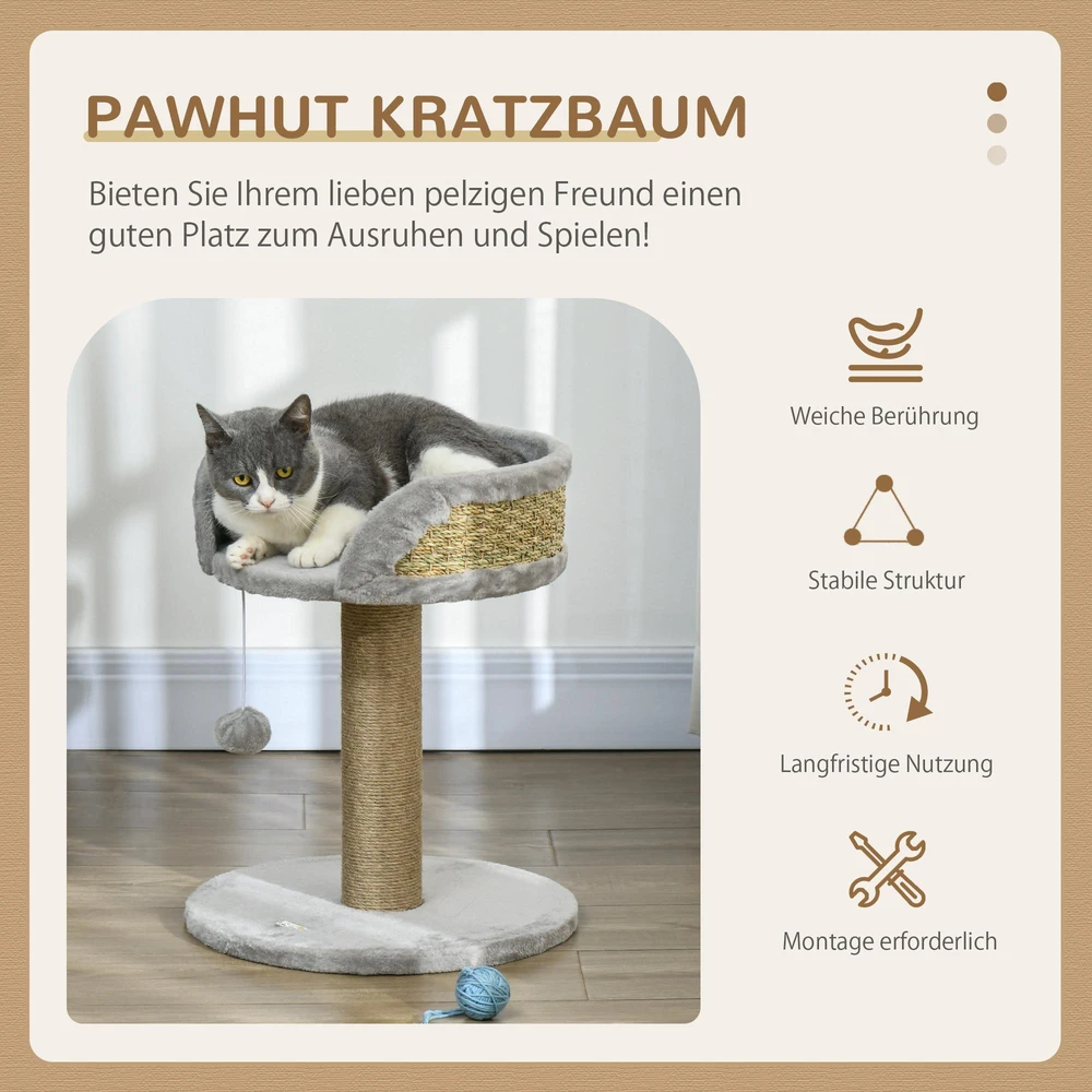 PawHut mažas draskyklė, 49 cm kačių draskyklė, kačių medis su žaisliniu kamuoliuku, gulėjimo vieta, laipynė katėms iki 4kg, baldai katėms, džiutas, pilka
