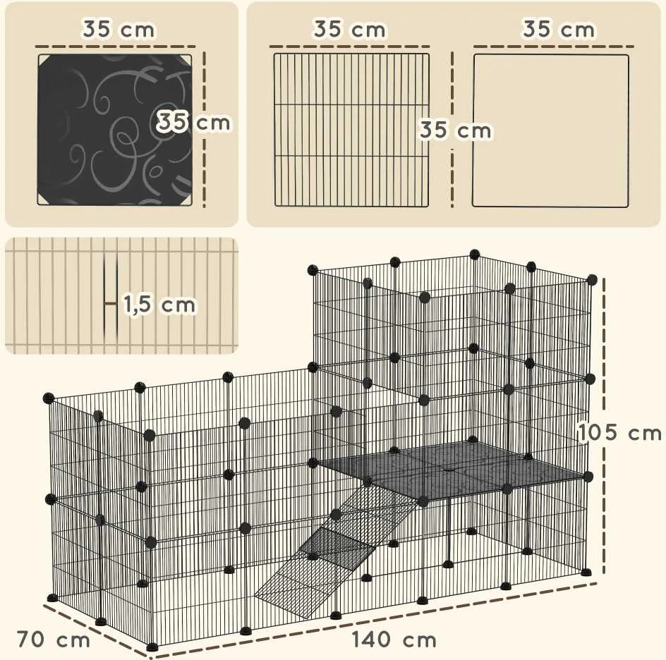 PawHut aptvaras smulkiems gyvūnams, 39 dalių narvas su rampa, DIY metalinis grotuotas aptvaras, atidaromas, juodas, 140 x 70 x 105 cm