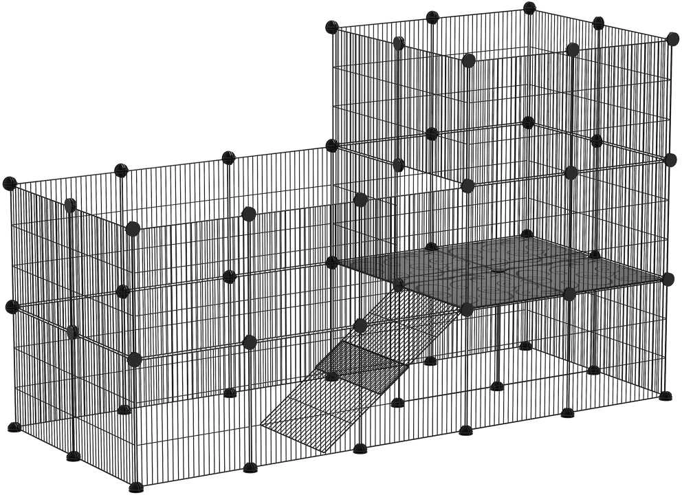 PawHut aptvaras smulkiems gyvūnams, 39 dalių narvas su rampa, DIY metalinis grotuotas aptvaras, atidaromas, juodas, 140 x 70 x 105 cm