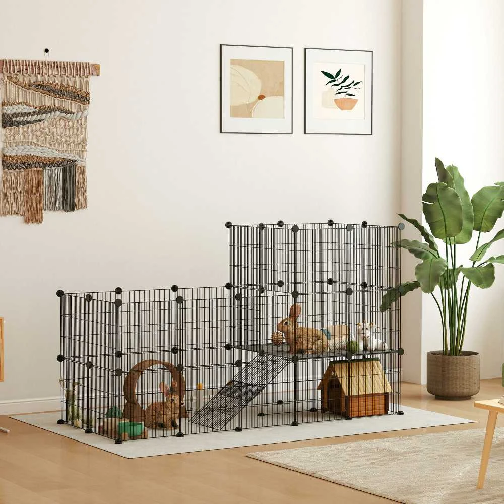 PawHut aptvaras smulkiems gyvūnams, 39 dalių narvas su rampa, DIY metalinis grotuotas aptvaras, atidaromas, juodas, 140 x 70 x 105 cm