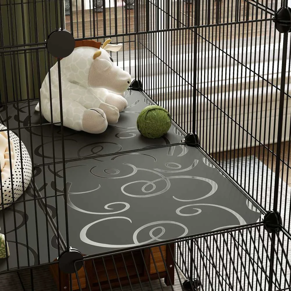 PawHut aptvaras smulkiems gyvūnams, 39 dalių narvas su rampa, DIY metalinis grotuotas aptvaras, atidaromas, juodas, 140 x 70 x 105 cm