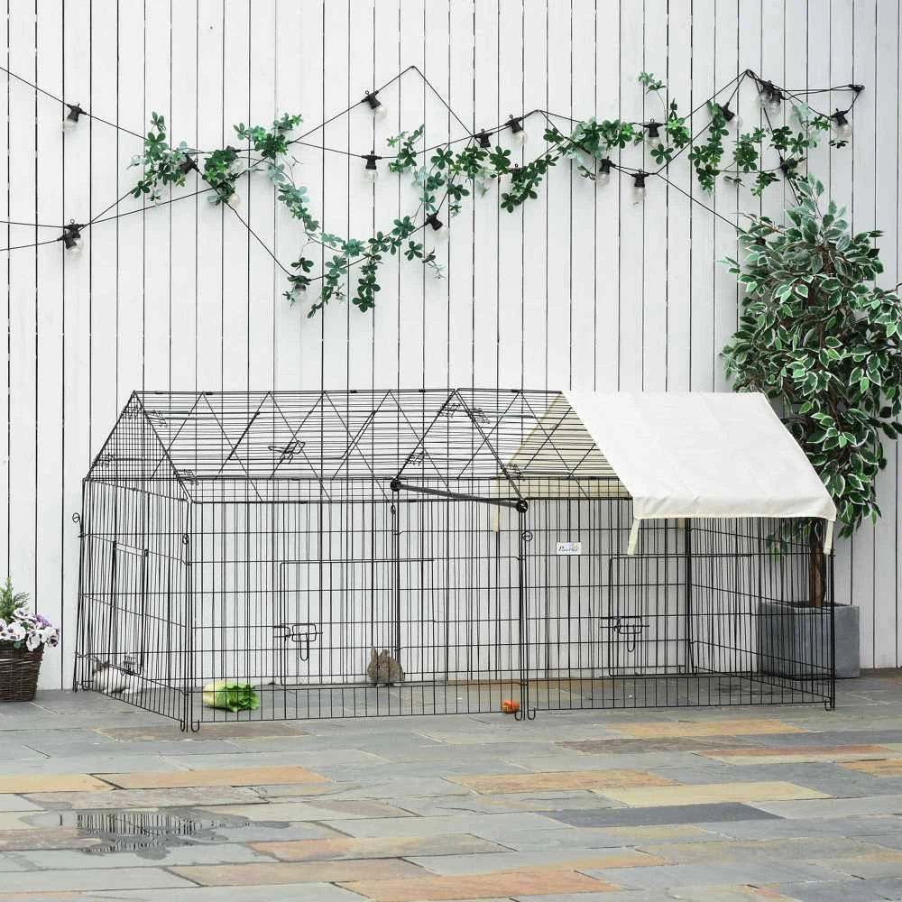 PawHut aptvaras smulkiems gyvūnams su apsauga nuo saulės, triušių narvas lauko sąlygoms, metalinis, smėlio ir juodos spalvos, 220 x 103 x 103 cm