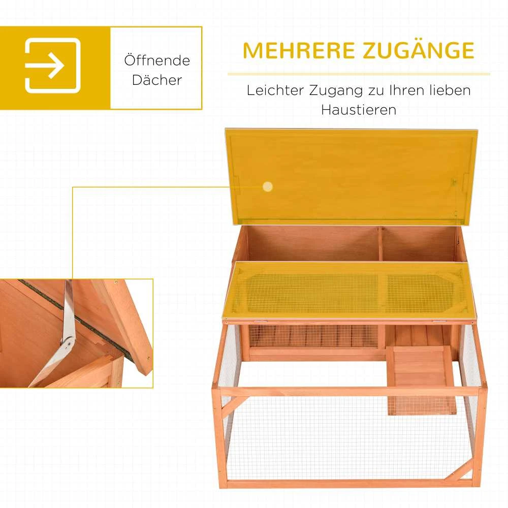 PawHut smulkių gyvūnų narvas nykštukiniams triušiams 125,5x100x49 cm su atidaromu bituminiu stogu, tinka naudoti lauke ir viduje, atsparus oro sąlygoms, iš eglės medienos, oranžinis ir žalias