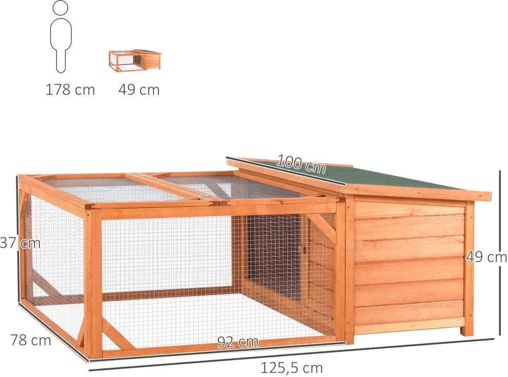 PawHut smulkių gyvūnų narvas nykštukiniams triušiams 125,5x100x49 cm su atidaromu bituminiu stogu, tinka naudoti lauke ir viduje, atsparus oro sąlygoms, iš eglės medienos, oranžinis ir žalias