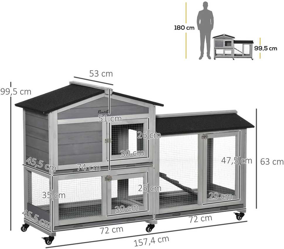 PawHut smulkių gyvūnų narvelis 157,4x53x99,5 cm su ratukais, rampa, bitumine stogo danga, dviejų aukštų, eglės mediena, plienas, pilkas