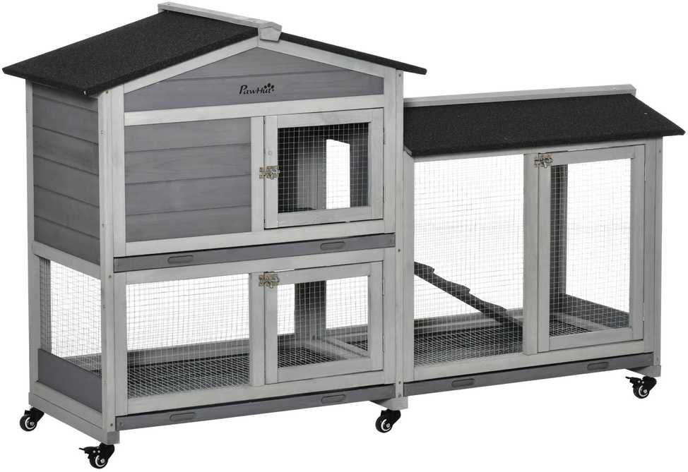 PawHut smulkių gyvūnų narvelis 157,4x53x99,5 cm su ratukais, rampa, bitumine stogo danga, dviejų aukštų, eglės mediena, plienas, pilkas