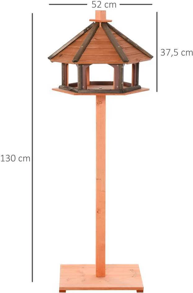 PawHut paukščių namelis, lesykla, medinė paukščių vila, lesykla su stovu, stalo lesykla su vandeniui atspariu stogeliu, natūralios spalvos, Ø52 x 130 cm