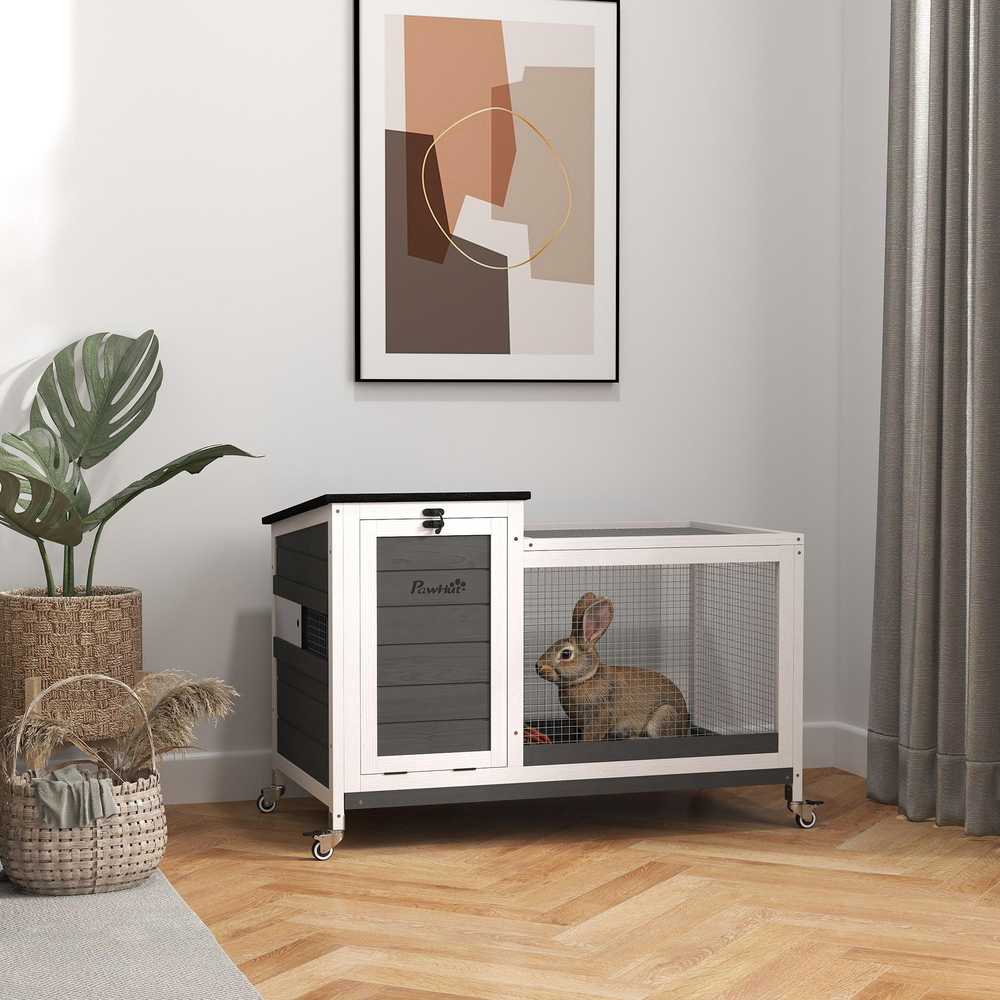PawHut medinis triušių narvas su lauko aptvaru, ratukais, atlenkiamu stogu ir ištraukiamu padėklu, tamsiai pilkas, 92x52x67 cm